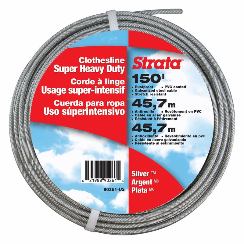 Strata 150 Feet Clothesline Outdoor Heavy Duty Galvanized Wire Steel Cable, Silver PVC Coating - Clothes Line Wires for Outside Laundry Drying - Image 1
